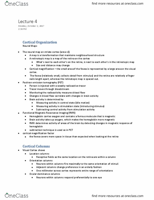 PSYC 2220 Lecture Notes - Lecture 4: Positron Emission Tomography, Radioactive Tracer, Retinotopy thumbnail