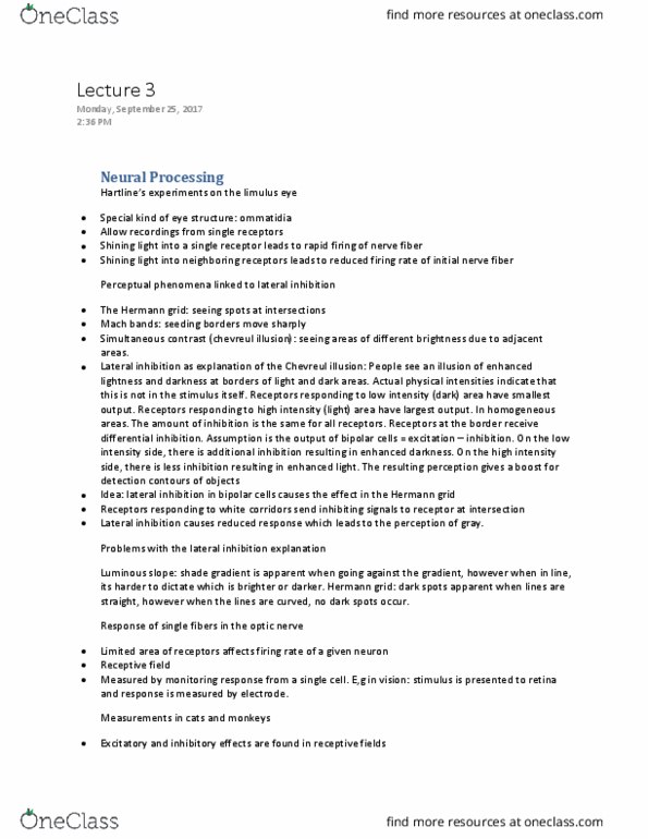 PSYC 2220 Lecture Notes - Lecture 3: Shining Light, Mach Bands, Lateral Inhibition thumbnail