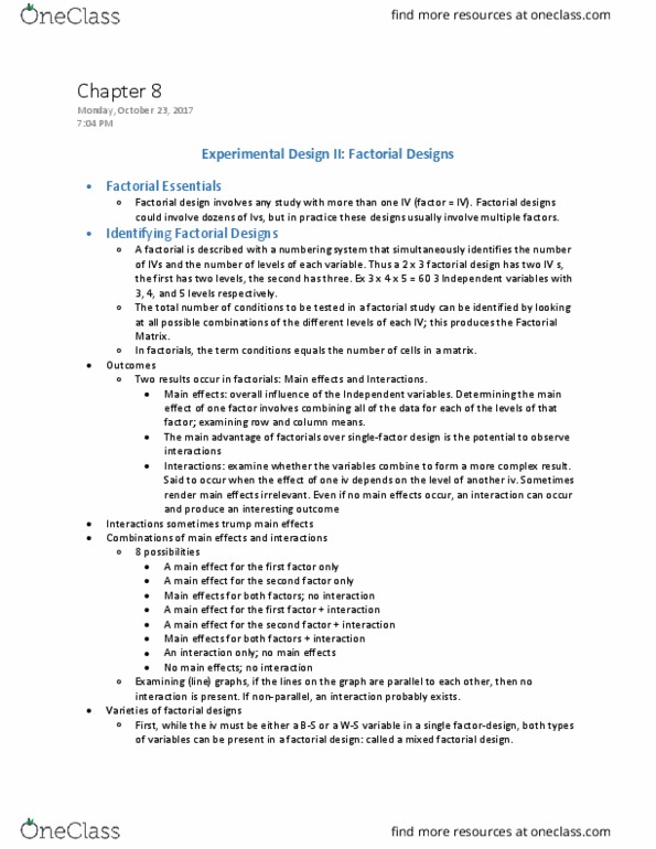 PSYC 2030 Chapter Notes - Chapter 8: Factorial Experiment, Dependent And Independent Variables, Repeated Measures Design thumbnail