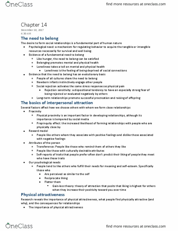 PSYC 2120 Chapter Notes - Chapter 14: Physical Attractiveness, Interpersonal Attraction, Social Rejection thumbnail