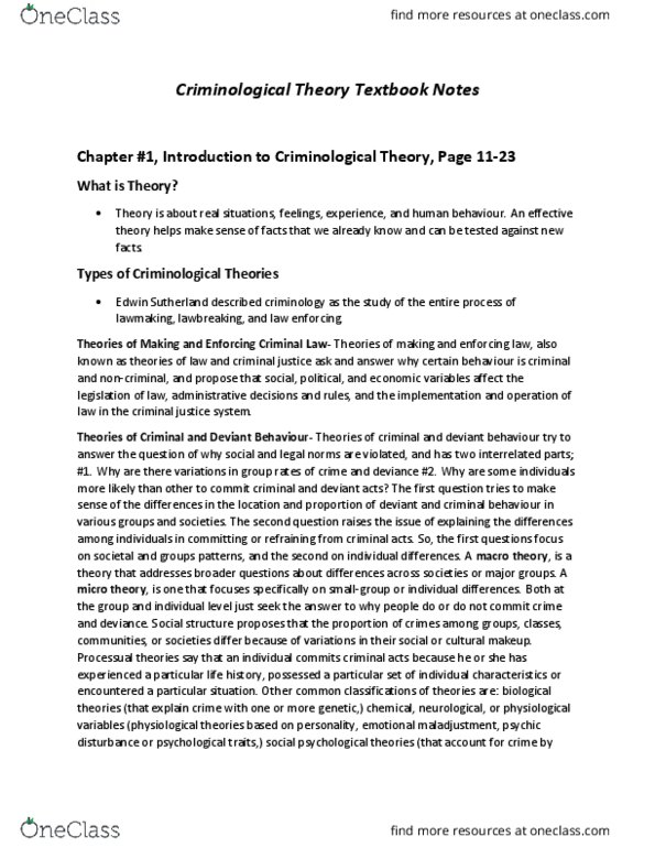SOC 2700 Chapter Notes - Chapter 1: Edwin Sutherland, Determinism, Social Disorganization Theory thumbnail