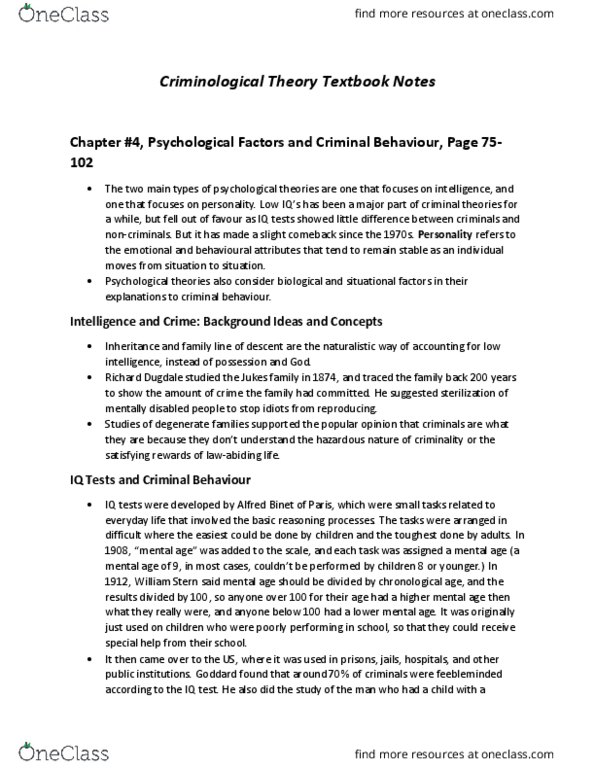 SOC 2700 Chapter Notes - Chapter 4: Jukes Family, Intelligence Quotient, Bad Hindelang thumbnail