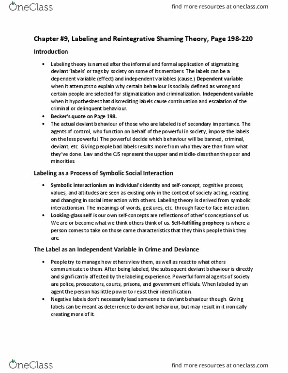 SOC 2700 Chapter Notes - Chapter 9: Symbolic Interactionism, Labeling Theory, Dependent And Independent Variables thumbnail