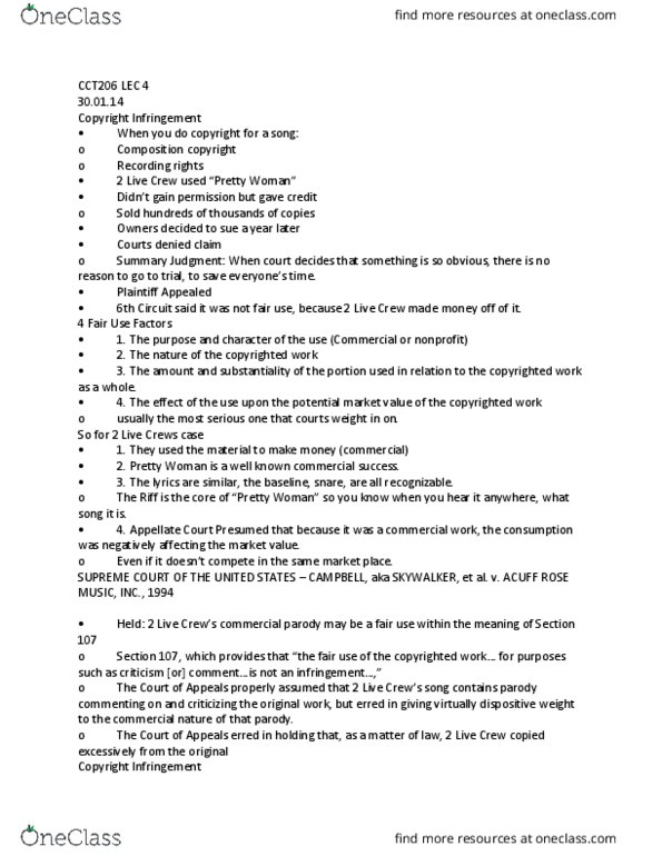 CCT206H5 Lecture Notes - Lecture 4: 2 Live Crew, Supreme Court Of The United States, Substantial Similarity thumbnail