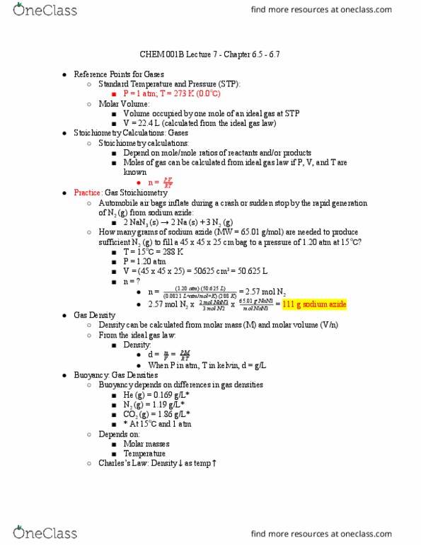 CHEM 001B Lecture Notes - Lecture 7: Ideal Gas Law, Sodium Azide, Molar Volume thumbnail