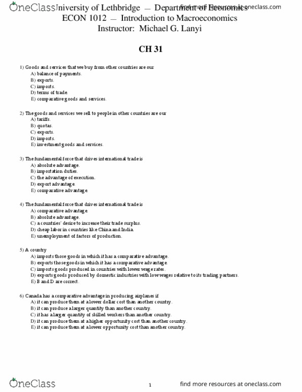 ECON102 Chapter Notes - Chapter 31: Absolute Advantage, Comparative Advantage, International Trade thumbnail