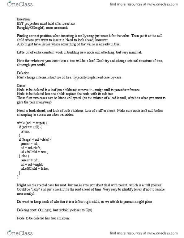 CMPT 225 Lecture Notes - Self-Balancing Binary Search Tree, Null Pointer thumbnail