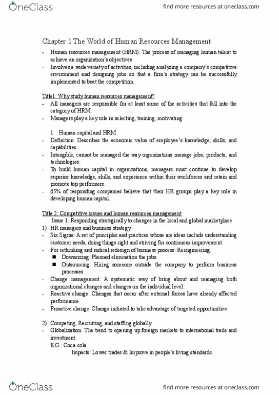 HRM 2600 Chapter Notes - Chapter whole semester : Human Resource Management, Business Process, Human Capital thumbnail