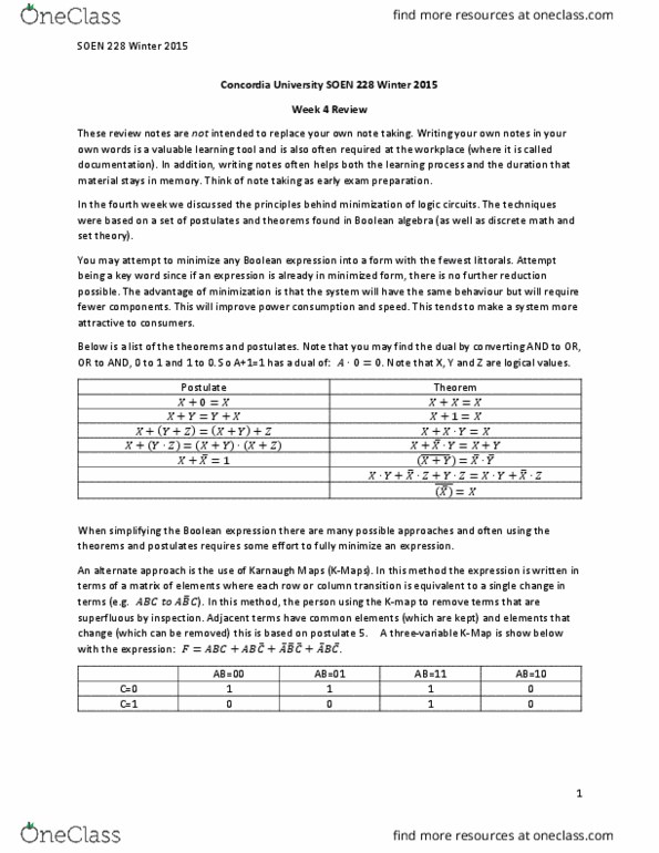 SOEN 228 Lecture Notes - Lecture 4: Boolean Expression, Maurice Karnaugh, Discrete Mathematics thumbnail