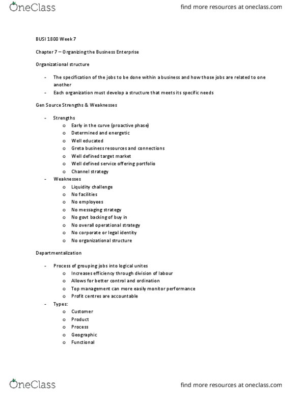 BUSI 1800 Chapter Notes - Chapter 7: Departmentalization, Organizational Chart thumbnail