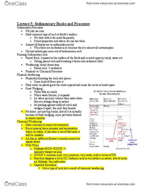 GEOL-1010 Lecture Notes - Lecture 5: Weathering, Sedimentary Rock, Parent Rock thumbnail