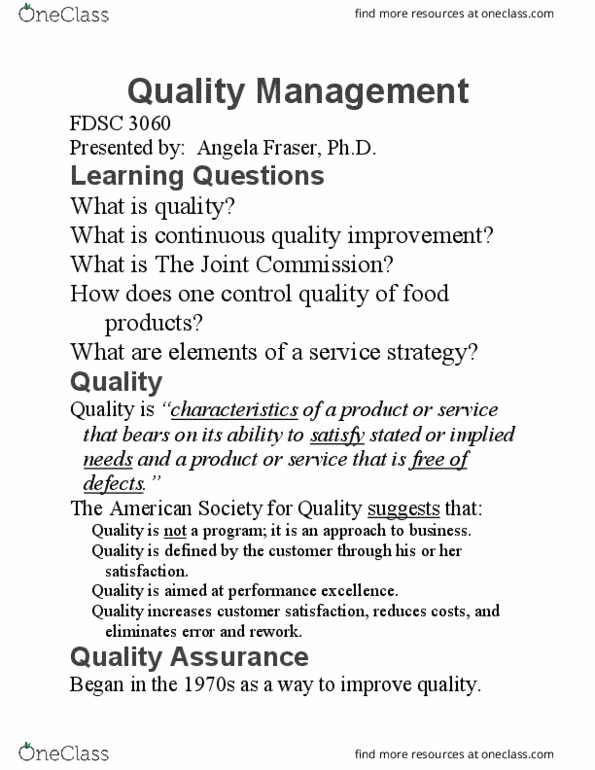 FD SC 3060 Chapter Notes - Chapter 15: Total Quality Management, Joint Commission, Food Safety thumbnail