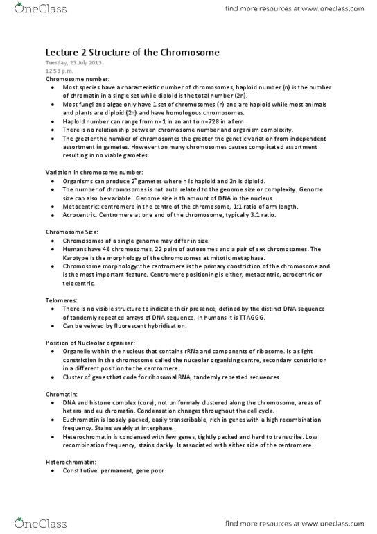 BIOSCI 202 Lecture Notes - Lecture 2: Organelle, Dna Supercoil, Euchromatin thumbnail