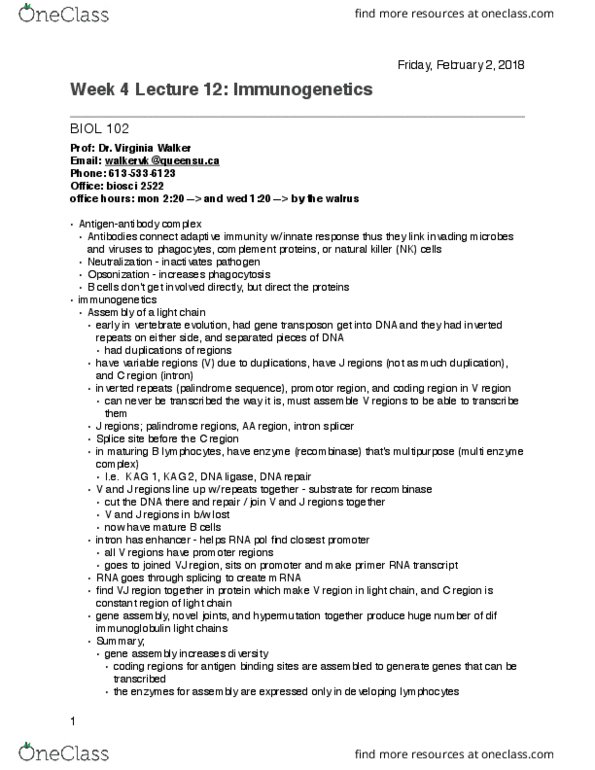 BIOL 103 Lecture Notes - Lecture 12: Natural Killer Cell, Immunogenetics, Dna Ligase thumbnail