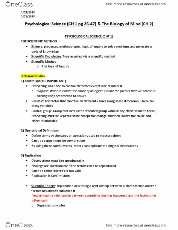 PSY 1101 Lecture Notes - Lecture 2: Psychological Science, Scientific Method, Random Assignment thumbnail