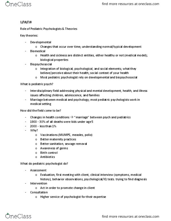 PSY 446 Lecture Notes - Lecture 1: Pediatrics, Mumps, Biopsychosocial Model thumbnail