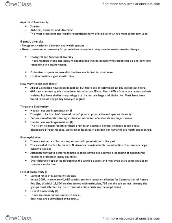 BI266 Lecture Notes - Lecture 16: Golden Lion Tamarin, Habitat Destruction, Local Extinction thumbnail