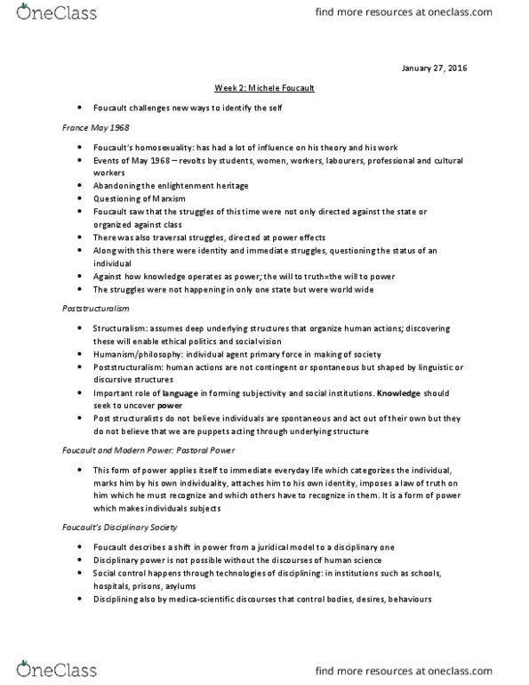 SOC 475 Lecture Notes - Lecture 2: Post-Structuralism, Human Science, Social Control thumbnail