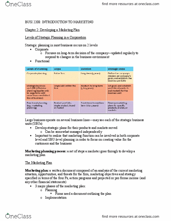 BUSI 2208 Chapter Notes - Chapter 2: Competitive Advantage, Swot Analysis, Marketing Plan thumbnail
