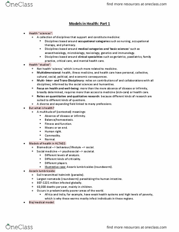 HLTA02H3 Lecture Notes - Lecture 2: Ascaris Lumbricoides, Biomedical Model, Social Medicine thumbnail