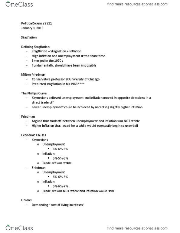 Political Science 2211E Lecture Notes - Lecture 11: Stagflation, Phillips Curve, Making Money thumbnail