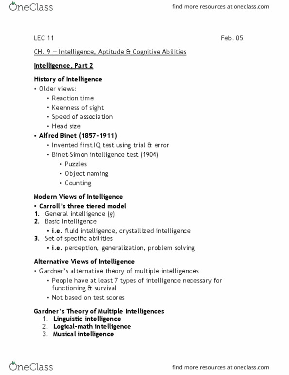 PSYA02H3 Lecture Notes - Lecture 11: Fluid And Crystallized Intelligence, Mental Chronometry, Theory Of Multiple Intelligences thumbnail