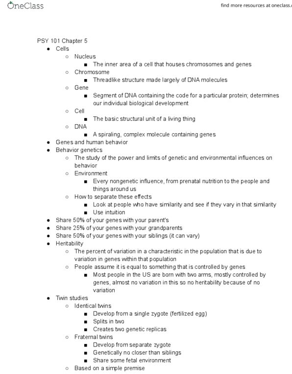 PSY 101 Lecture Notes - Lecture 5: Twin, Prenatal Nutrition, Twin Study thumbnail