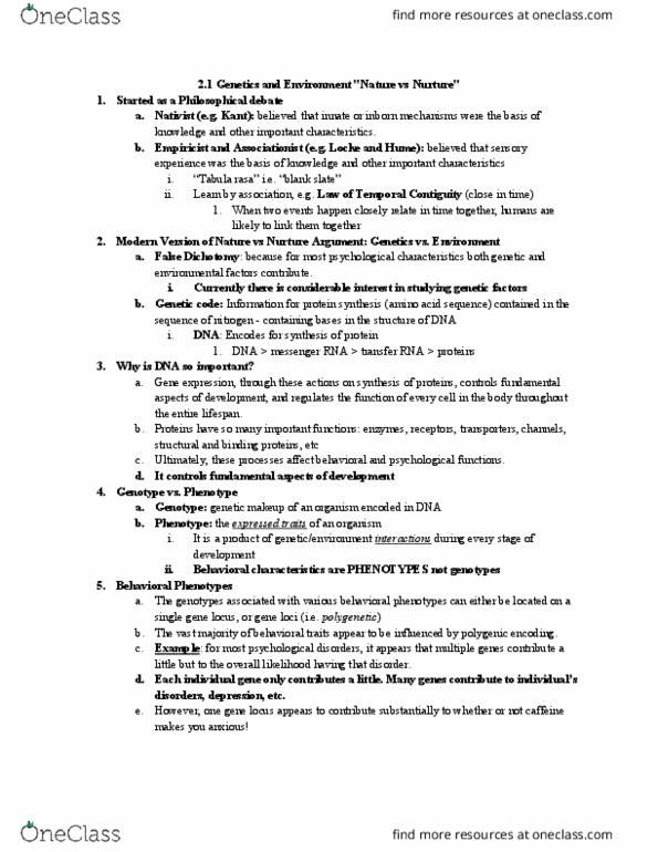 PSYC 1100 Lecture Notes - Lecture 7: Tabula Rasa, Messenger Rna, False Dilemma thumbnail