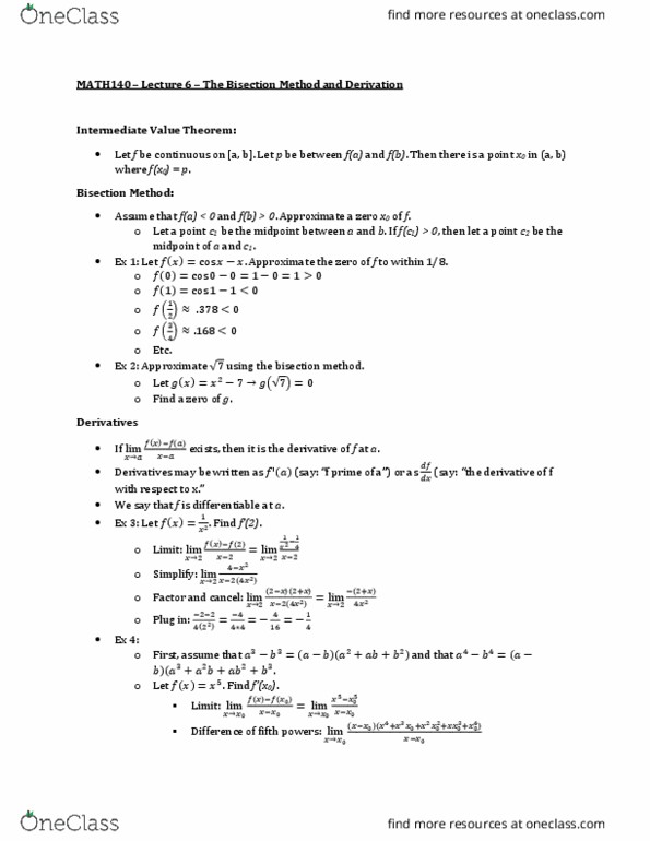 MATH 140 Lecture Notes - Lecture 6: Intermediate Value Theorem, Bisection Method thumbnail