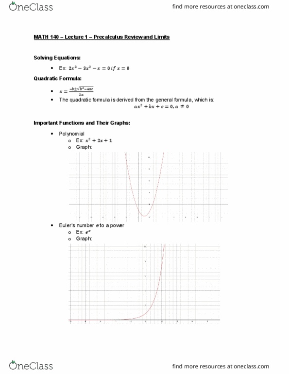 MATH 140 Lecture Notes - Lecture 1: Quadratic Formula, Precalculus, Polynomial thumbnail
