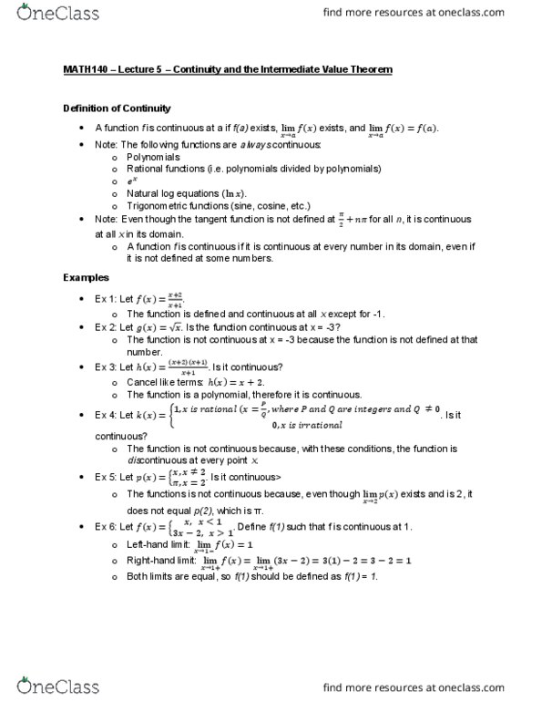 MATH 140 Lecture Notes - Lecture 5: Intermediate Value Theorem, Trigonometric Functions thumbnail
