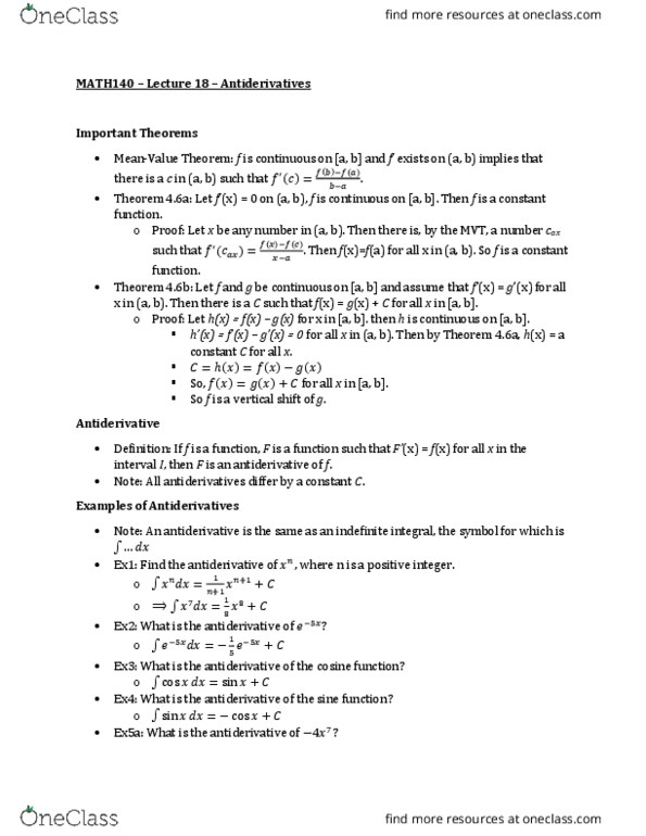 MATH 140 Lecture Notes - Lecture 18: Antiderivative, Constant Function, Quadratic Formula thumbnail