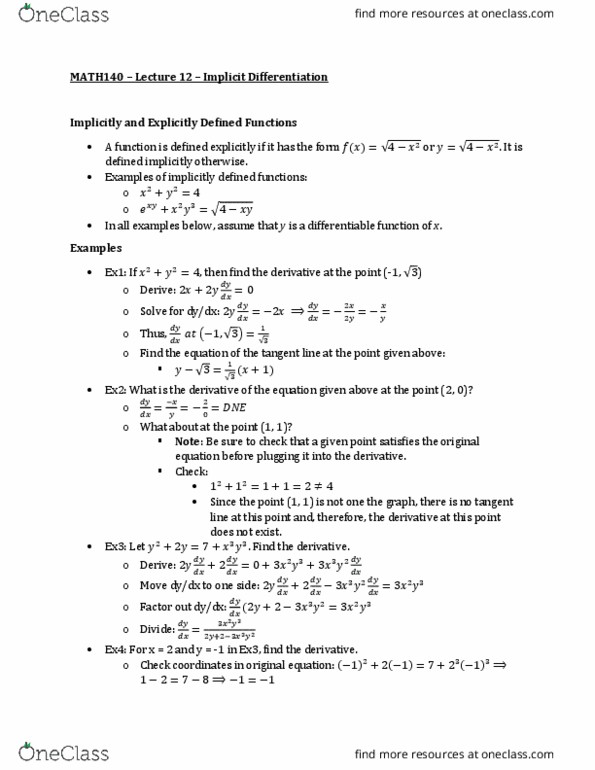 MATH 140 Lecture Notes - Lecture 12: Differentiable Function, Quotient Rule thumbnail