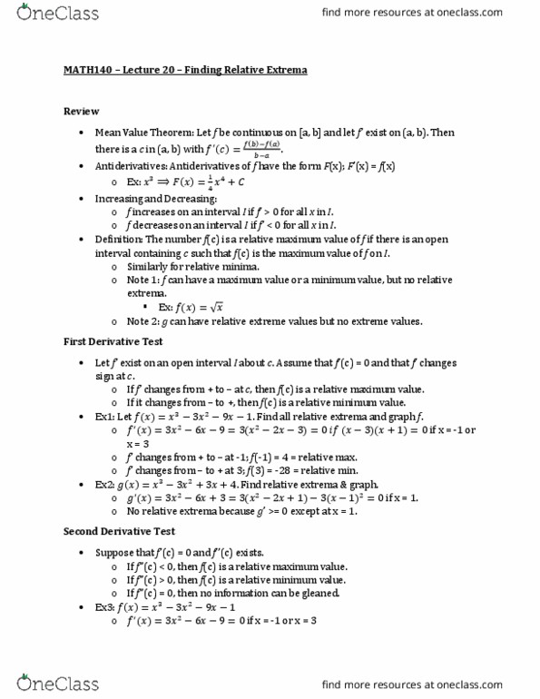 MATH 140 Lecture Notes - Lecture 20: Mean Value Theorem thumbnail
