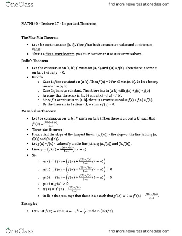 MATH 140 Lecture Notes - Lecture 17: Mean Value Theorem thumbnail