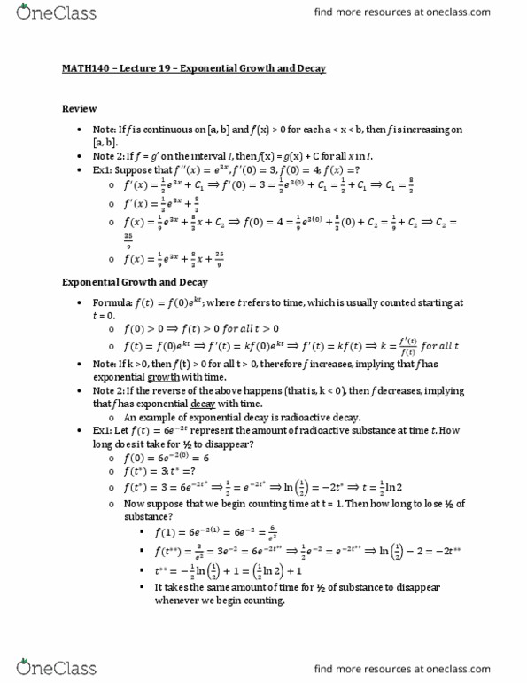 MATH 140 Lecture Notes - Lecture 19: Exponential Decay, Exponential Growth thumbnail