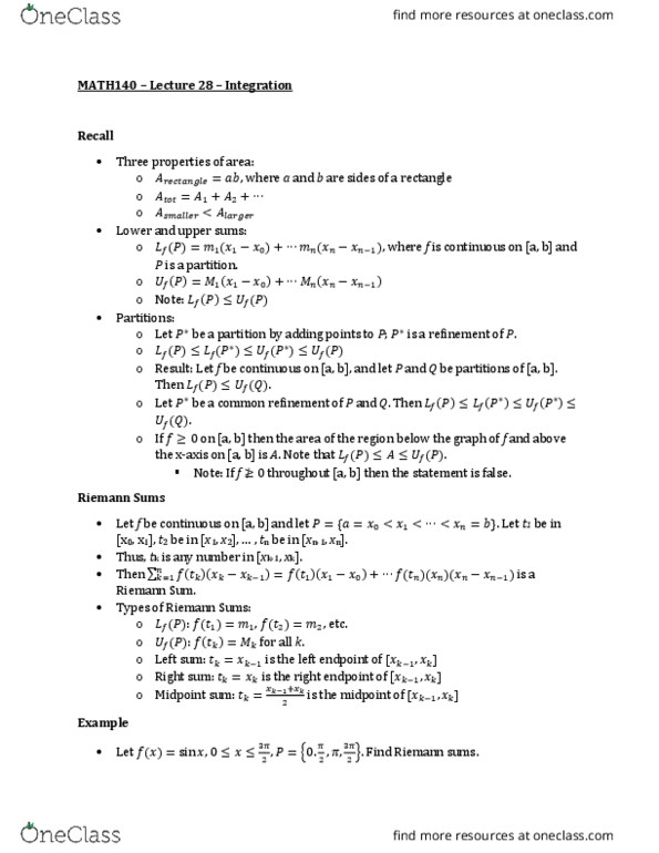 MATH 140 Lecture Notes - Lecture 28: Riemann Sum thumbnail