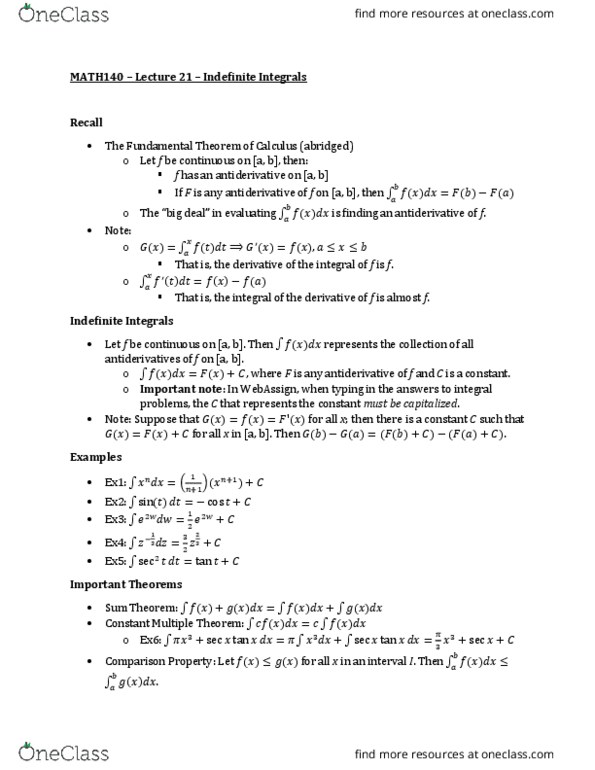 MATH 140 Lecture Notes - Lecture 31: Antiderivative thumbnail