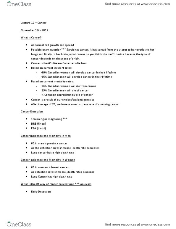 HLSC 1F90 Lecture Notes - Lecture 10: Epithelium, Prostate Cancer, Oncogene thumbnail
