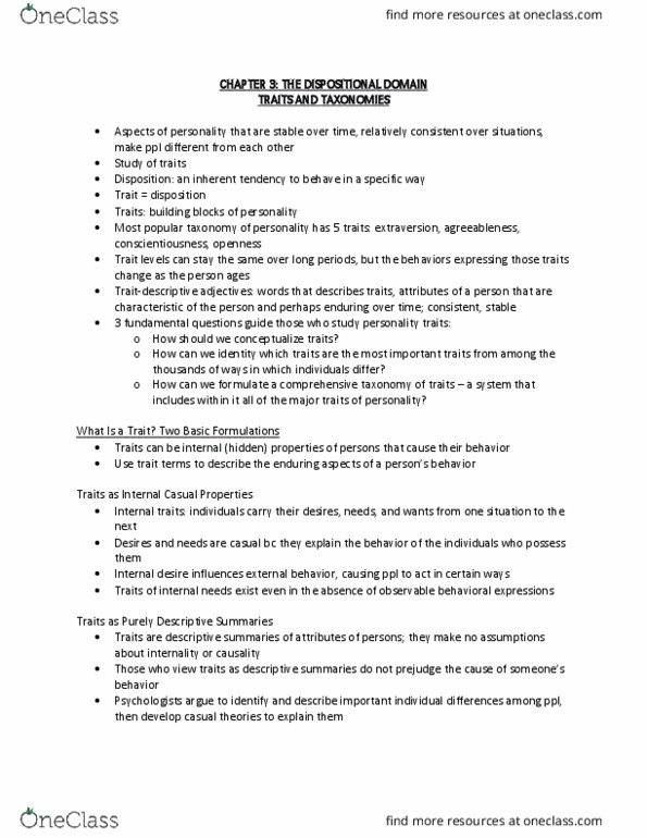 PSYT 400D2 Lecture Notes - Lecture 11: Lexical Hypothesis, Lexical Analysis, Trait Theory thumbnail