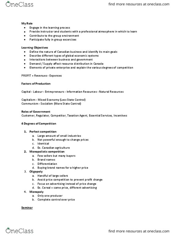 BUS 201 Lecture Notes - Lecture 1: Monopolistic Competition, Perfect Competition, Canadian Business thumbnail