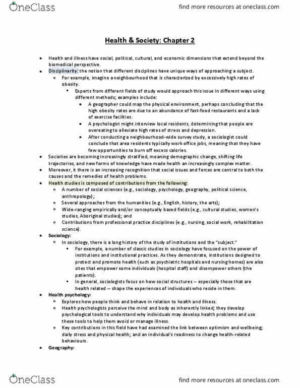 HLTA02H3 Chapter Notes - Chapter 2: Health Psychology, Complex Dynamics, Interdisciplinarity thumbnail