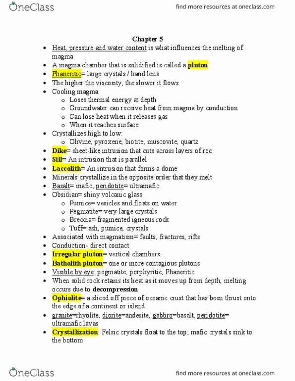 GLG 101 Lecture Notes - Lecture 3: Magma Chamber, Pegmatite, Phanerite thumbnail