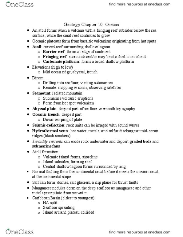 GLG 101 Lecture Notes - Lecture 8: Fringing Reef, Manganese Nodule, Abyssal Plain thumbnail