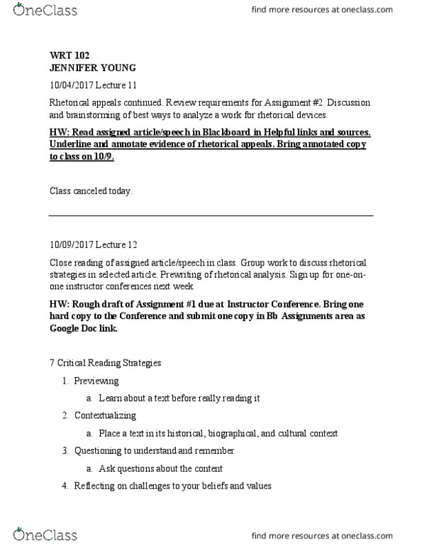 WRT 102 Lecture Notes - Lecture 12: Close Reading, Simile thumbnail