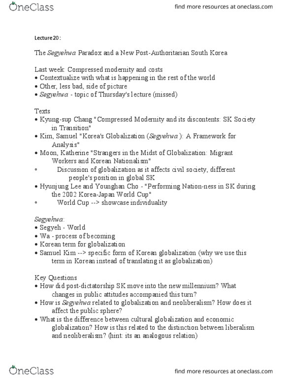 EAST 213 Lecture Notes - Lecture 20: Korean Wave, Economic Liberalism, Social Philosophy thumbnail