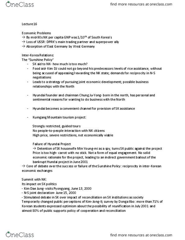 EAST 213 Lecture Notes - Lecture 16: Kim Dae-Jung, The Dong-A Ilbo, Sunshine Policy thumbnail