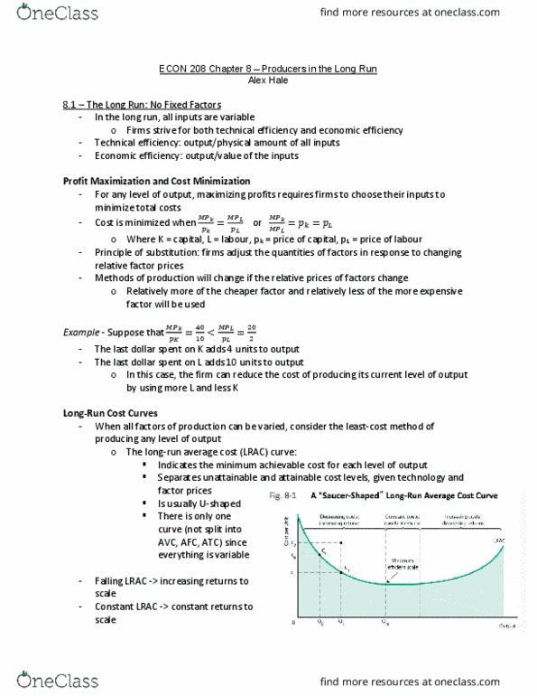 ECON 208 Chapter Notes - Chapter 8: Economic Efficiency, Longrun, Technological Change thumbnail