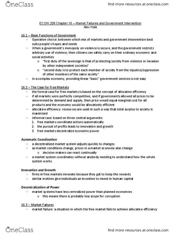 ECON 208 Chapter Notes - Chapter 16: Government Failure, Market Failure, Allocative Efficiency thumbnail