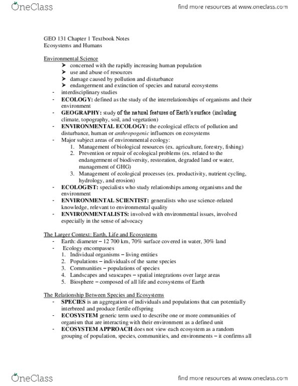 GEO 131 Chapter Notes - Chapter 1: Gross Domestic Product, Anthropocentrism, Speciesism thumbnail